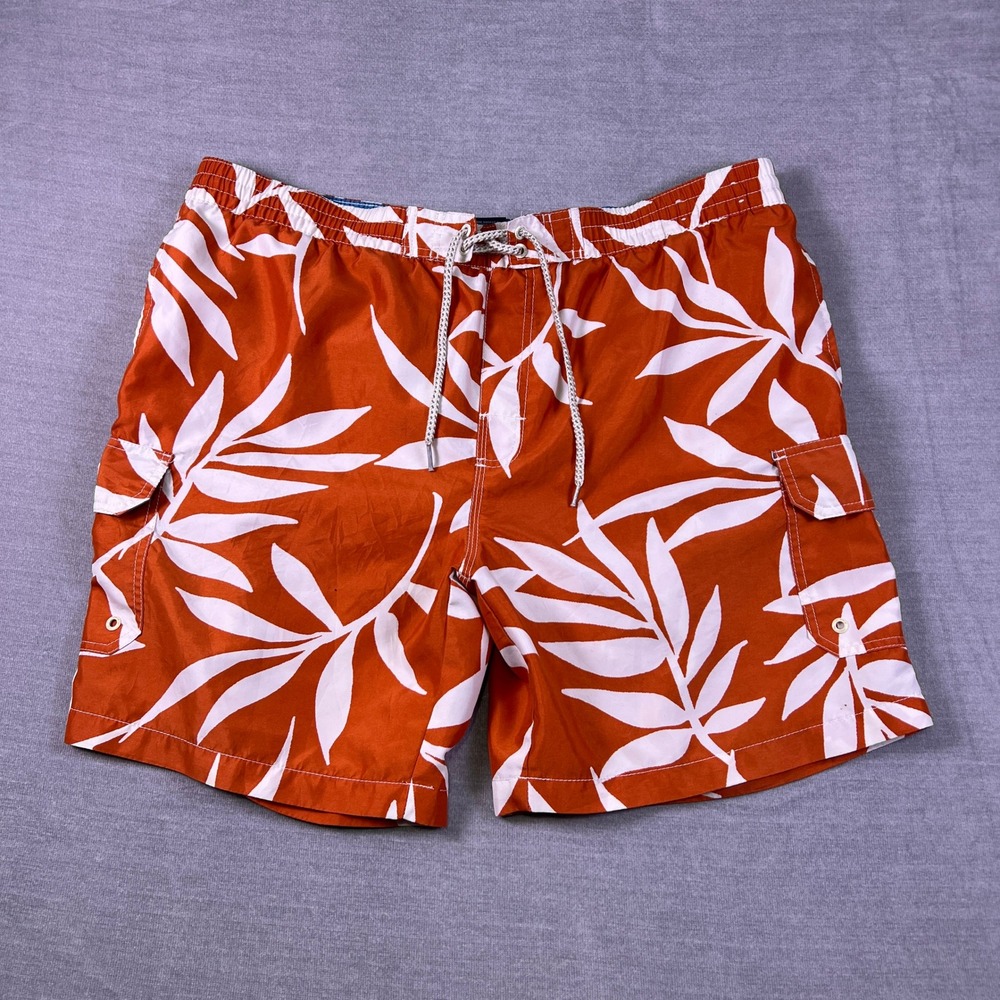 Caribbean Joe Tropical Leaf Print Cargo Mid Rise Swim Trunks Mens XL Orange